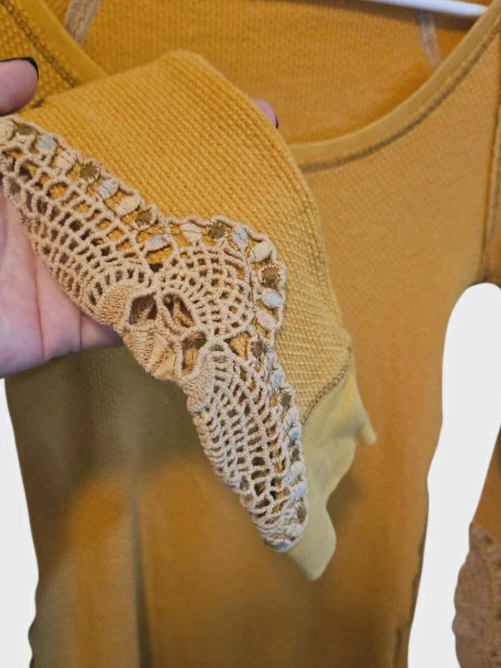 Free People Synergy Thermal Top Mustard Yellow Crotchet Lace Cuffs Size S(P)